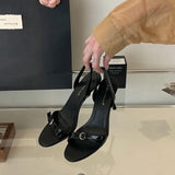 ADVBRIDGE  -  Silver Heels Sandals Ladies Summer Shoes 8cm Stiletto Heeled Sandals Sexy Belt Buckle Burgundy Office Shoes Female