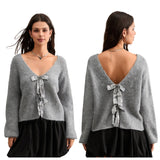 Advbridge Women's Y2K Cute Fall Glitter Sequined Bow Tied Front Loose Fit Sweater Long Sleeve V-Neck Cropped Knitwear Cardigans