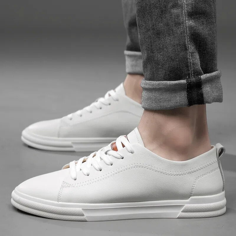Advbridge White Fashion Men's Leather Sneakers Breathable Casual Loafer Shoes Mens Vulcanized Shoes Skate Shoes Men Tenis Masculino Comfy