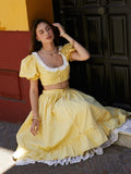 Advbridge  Gingham Printed Yellow Women Summer Dress Set Lace Top+skirt Sets Vintage French Style Midi Dress Oufits Plaid Vestidos