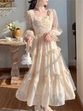 Advbridge French Elegant Fairy Lace Dress Women Autumn Sweet Ruffles Petal Sleeve High Waist Princess Clothing Vintage Evening Party Mjuer