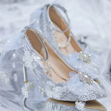 French Lolita Elegant Palaca Girl Shoes Noble Gentle Tea Party Lace Bowknot Pearls Gems Wedding Pointed Sandals 8cm High Heeled
