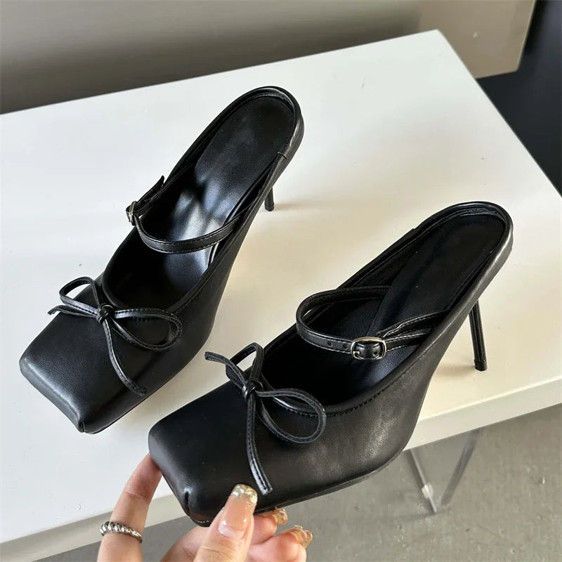 Advbridge Spring Bowknot Square Toe Women Slippers Sexy Buckle Strap Thin High Heels Prom Mule Pumps Shoes Zapatos De Mujer