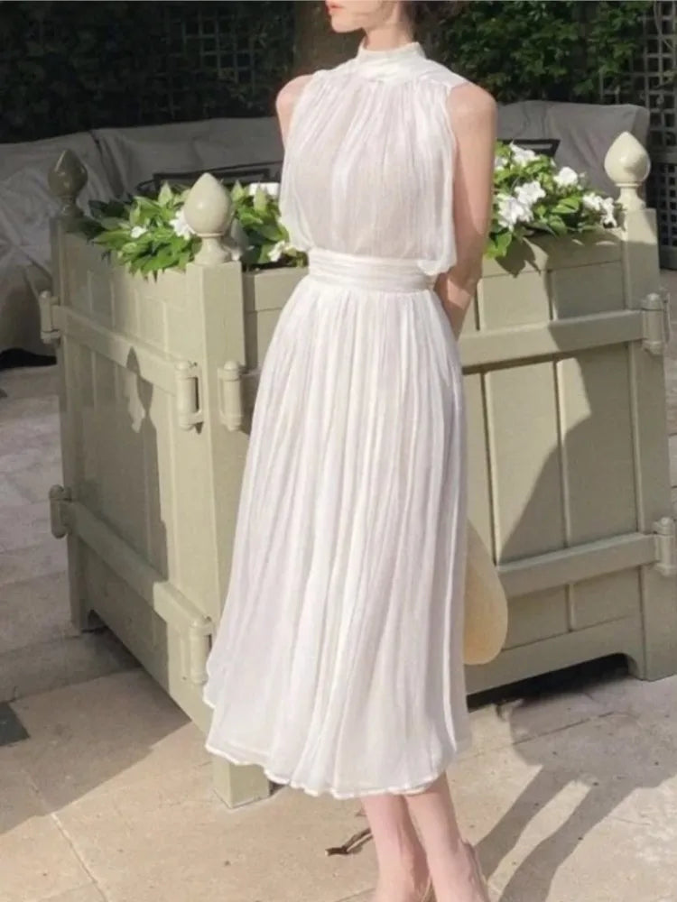 Advbridge Summer Women's 2-Piece Skirt Set Korea Style Fashion Sleeveless Halter Neck Slim White Dress Suit Fairy Female Clothes Solid