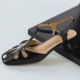 ADVBRIDGE  -  Women's cow leather hollow-out t-strap sandals 4cm thick med heel square toe elegant ladies summer pumps heeled shoes for woman
