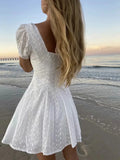 Advbridge White lace embriodery summer beach dress women elegant hollow out lace up short dress off shoulder puff sleeve sheer dress 2024
