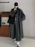Advbridge Autumn Winter Long Warm Grey Black Slouchy Woolen Coat Men Single Breasted Loose Casual Wool Blends Overcoat