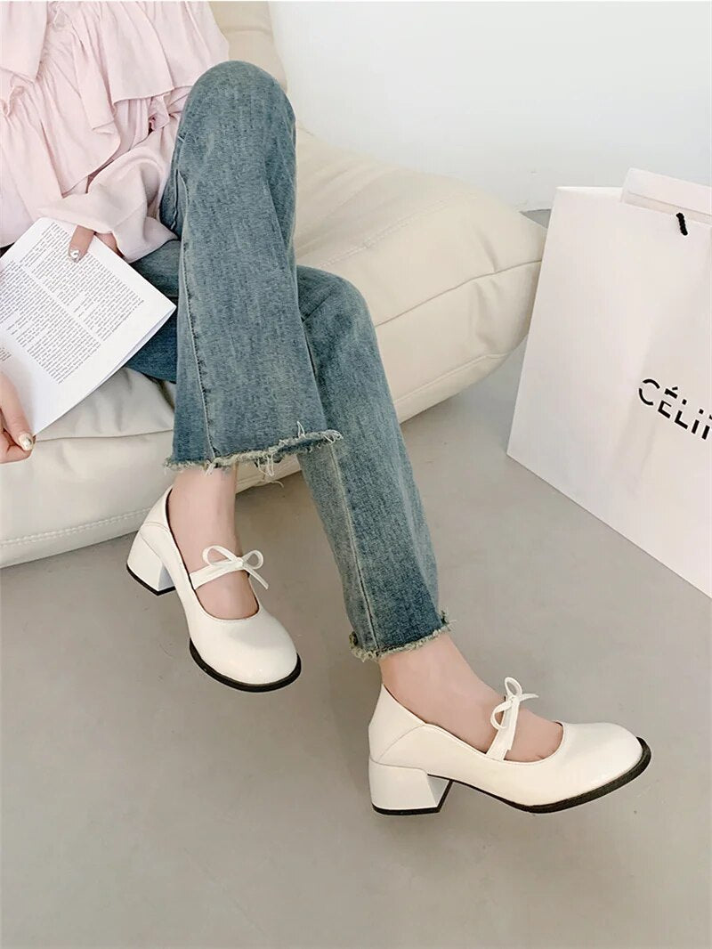 Advbridge Elegant Mary Jane Pumps Woman High Heels Shoes Leather Casual Shoes Women Square Heeled Shoes Ladies Sweet Style Lolita Shoes