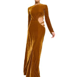 Advbridge French Elegant Hollow Waist Bright Luxury Party Dress Women Long Sleeve Long Dress Temperament Golden Velvet Slim Winter Dress
