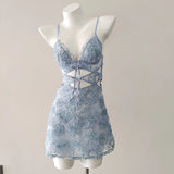 ADVBRIDGE  -  Cute Sleep Dress Lolita Night Women Sleepwear Small Chest Hollow Out Flower Lace Mesh Suspender Nightdress with Panty Pajama Set