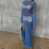 ADVBRIDGE  -  Backless Long Knit Beach Dress Women Holiday Casual See-Through Long Sleeve O Neck Hollow Out Long Dress Bikini Cover Up