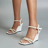 ADVBRIDGE  -  Sandals for Women 2025 Summer New with Wedge Heel and High-heeled Buckle Hollow Pearl Strap Plus Size Womens Sandals Heels Woman