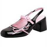 ADVBRIDGE  -  Sweet Bow Belt Buckle Women Sandals Fashion Round Toe Square Heel Mary Jane Shoes Simple Comfort Patent Leather Women Slide Shoe
