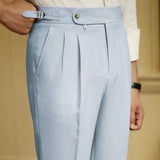 Advbridge Italian Style Naples Suit Pants Men Blue Stripes Seersucker High Waist Paris Buckle Trouser Fashion England Business Casual Pant