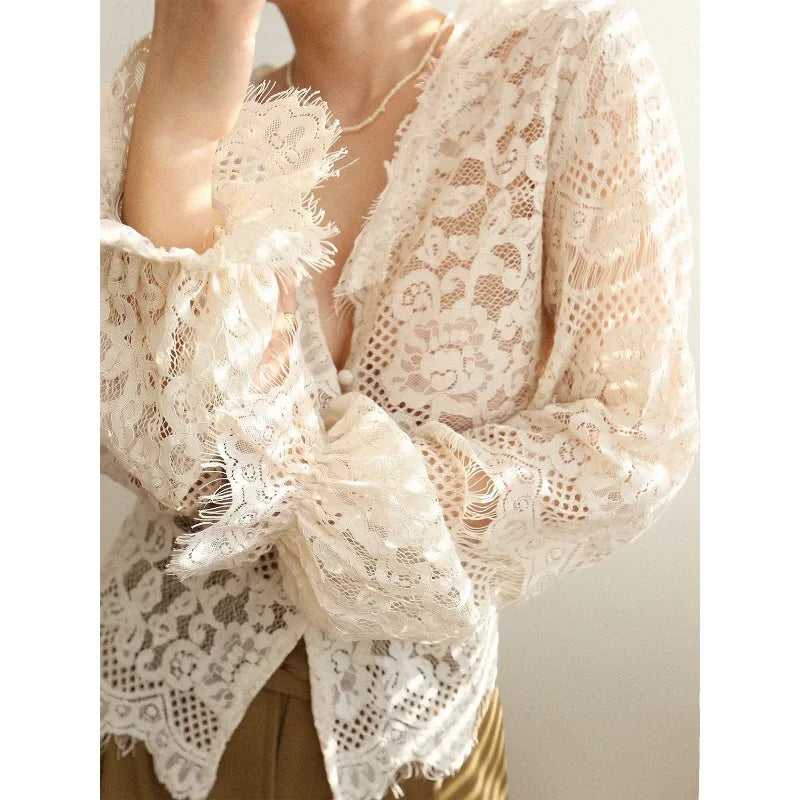 Advbridge Elagant Lace Transparent Blouse Women Youthful V Neck Long Sleeve Shirt Female Vintage Luxury 2024 Spring Aesthetic Korean