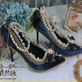 Advbridge Anime Deep Blue Lolita Shoes Pointed Toe Dark Blue Stiletto Heels Women Bridal Wedding Female Gauze Bowknot Pearl High Heel 8cm