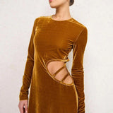 Advbridge French Elegant Hollow Waist Bright Luxury Party Dress Women Long Sleeve Long Dress Temperament Golden Velvet Slim Winter Dress