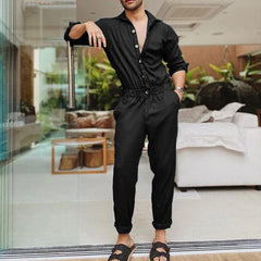 Advbridge Fashion Men Jumpsuits Solid Color Lapel Long Sleeve Casual Cargo Clothes Overalls Male Rompers Streetwear Girdle Waist Siamese