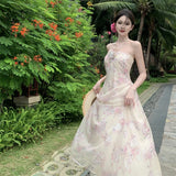 ADVBRIDGE  -  French Style Fairy Dress Women Pink Print Sweet Vintage Chiffon Vestidos Apricot 3D Flower Hang Neck Sexy Elegant Vacation Dress