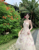 ADVBRIDGE  -  French Style Fairy Dress Women Pink Print Sweet Vintage Chiffon Vestidos Apricot 3D Flower Hang Neck Sexy Elegant Vacation Dress