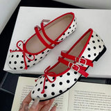 ADVBRIDGE  -  Retro Red Polka Dot Mary Jane Shoes Women Fashion Narrow Band Buckle Bowknot Flat Sandals Women Comfortable Elegant Casual Shoes