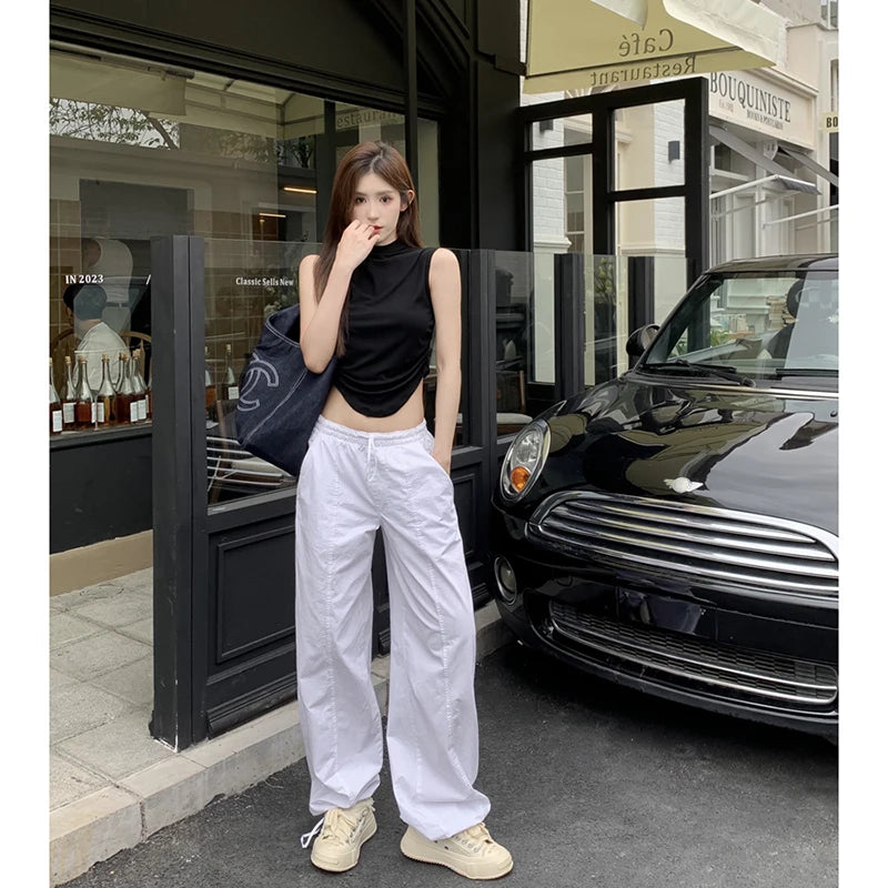 Advbridge -  Y2K Women Casual White Baggy Wide Leg Sweatpants Fashion Vintage Chic Drawstring Trousers Loose Streetwear Joggers Cargo Pants