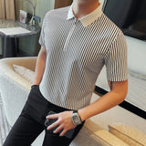 ADVBRIDGE  -  Men Pinstripe Polo Shirt - Summer Business Casual Half-Zipper  Turn-Down Collar Versatile Short Sleeve Top Stylish Everyday Wear