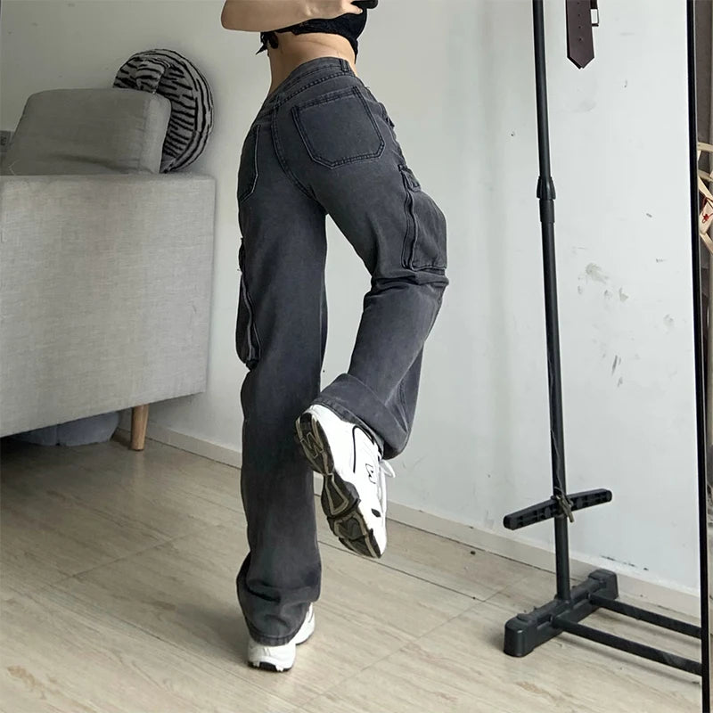 Advbridge  High Waisted Retro Women's Summer Cargo Pants Multiple Pockets Dark Gray Vintage Fashion Tooling Style Straight Wide Leg Trouser