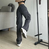 Advbridge  High Waisted Retro Women's Summer Cargo Pants Multiple Pockets Dark Gray Vintage Fashion Tooling Style Straight Wide Leg Trouser