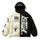 Advbridge Mens Winter Hooded Parka Jacket Yin Yang Skeleton Print Streetwear Oversized Coat Harajuku Loose Thick Warm Outwear Unisex