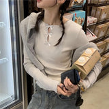 Advbridge Fashion All-match Long Sleeve Knitted Tops Women Y2k E-Girl O-neck Hollow Out Bow T-shirts 2025 Summer New Slim Fit Tee Shirt