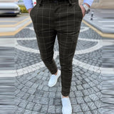 Advbridge Men Clothing Vintage Plaid Trousers Streetwear Slim Pockets Long Pants Business Fashion Mid Waist Button Pencil Pants