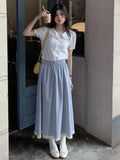 Advbridge  -  2 colors Korean style high elastic waist Long Skirts Woman Summer Autumn plaid A-line Lace pleated Skirts womens (X2843)