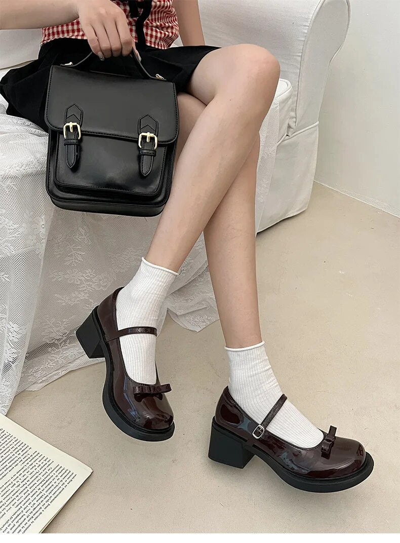 Advbridge Vintage High Heel Mary Jane Shoes for Women New Summer Bow Brown Round Head English Style Small Leather Shoes