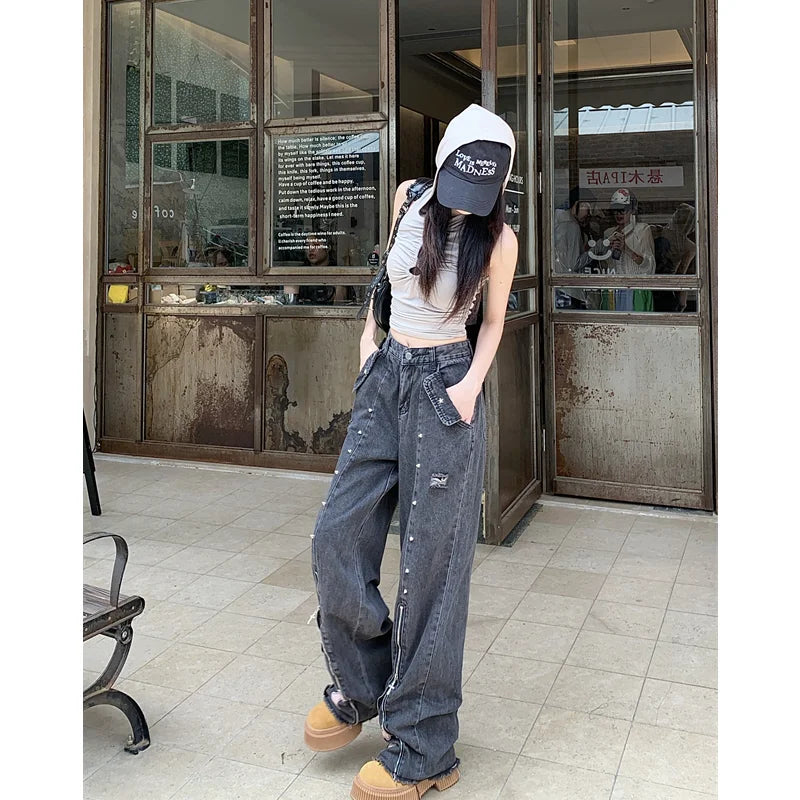 Advbridge Black High Waist Women Jeans Vintage Straight Casual Baggy Punk Hip Hop Y2K Street American Wide Leg Female Trouser Denim Pants