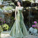 ADVBRIDGE  -  French Fashion Evening Dresses Women Retro New Chinese Style Ink Print Patchwork V-neck Elegant Sling Dress Summer Green Vestido