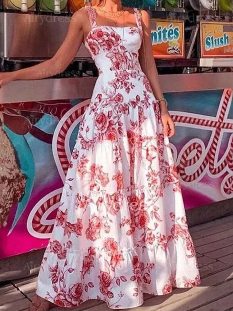 Advbridge Long Dresses For Women Flower Printed Spaghetti Strap High Waist Large Skirt Hem Ladies Maxi Dress 2023 Summer Boho Beach Party