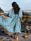 Advbridge Lantern Half Sleeve Cyan Bohemian Beach Midi Loose Dress Summer for Women Tie Up Casual Floral Holiday Midi Vestidos