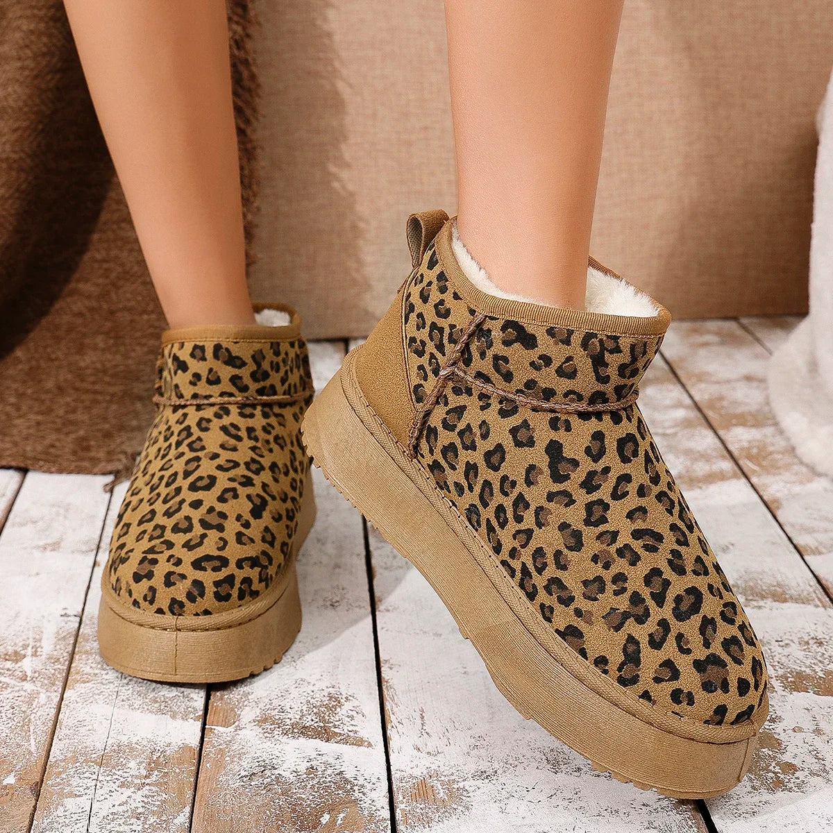 Advbridge Leopard Print Suede Snow Boots Woman Platform Ankle Boots Winter New Thickened plush Warm Cotton Shoes Women  Short-Tube Boots