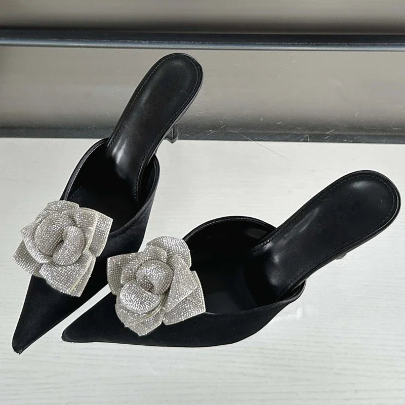 ADVBRIDGE  -  Designer CRYSTAL Flower Silk Pointed Toe Women Slippers Fashion Thin Heels Party Dress Ladies Mule Shoes