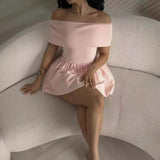 Advbridge Pink Knitted Mini Dress Women Elegant Fashion Off The Shoulder Bodycon Short Dresses Summer Sweet Girl Holiday Beach Dress 2024