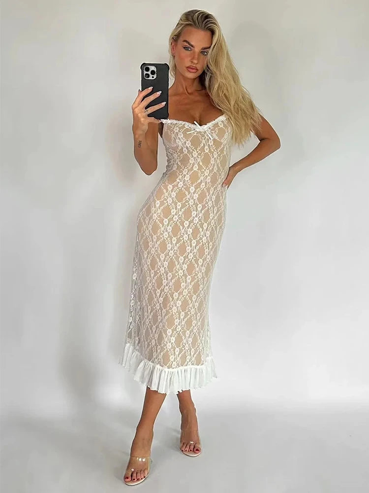 Advbridge Lace Mesh Bodycon Midi Party Dress Women Apricot Ruffles Elegant Black Sexy Club Shealth Dress Robe 2024 Tank Dress