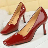 Advbridge Fashion Women 8.5cm High Heels Pumps Brown Glossy Leather Shallow Stiletto Heels Lady Wine Red Nude Office Square Toe Prom Shoes