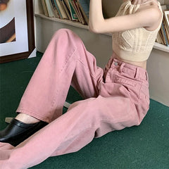 Advbridge - 2024 Harajuku Loose Pink Jeans Women Streetwear High Waist Wide Leg Pants Woman Simple Baggy Straight Trousers Female