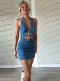 ADVBRIDGE  -  Denim Deep V Halter Dress Hollow Out Belt Design Waist Cinched Slim Fit Sleeveless Sexy Fashion Cowboy Women Vest Short Dresses