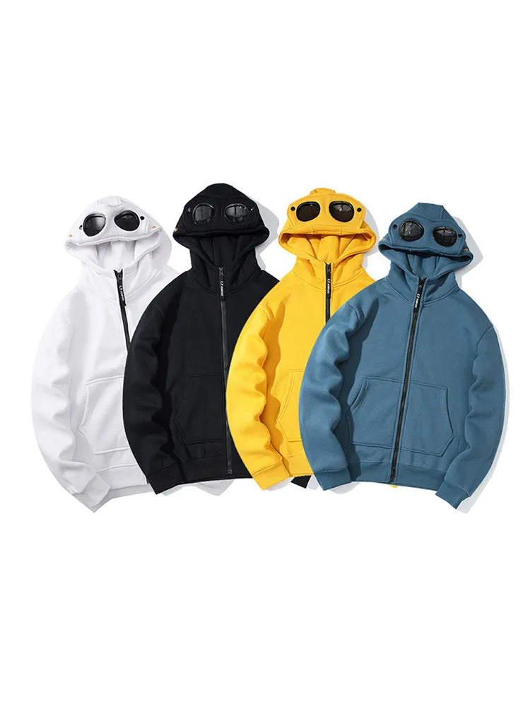 Advbridge Casual Solid Hooded Sweatshirt For Male Trendy Long Sleeve Zipper Up Sunglasses Hat Cardigan Jacket Autumn High Street Warm Coat