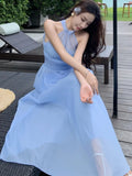 Advbridge Elegant Blue Skirt Suits Korean Halter Off Shoulder Slim Waist Top + Loose Casual Skirt Womens Two Pieces Set Female Clothing