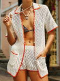 ADVBRIDGE  -  Knitted Hollow Out Crochet 2 Piece Set Women V Neck Short Sleeve Pocket Blouse+Shorts Summer Casual Fashion Vacation Shorts Sets