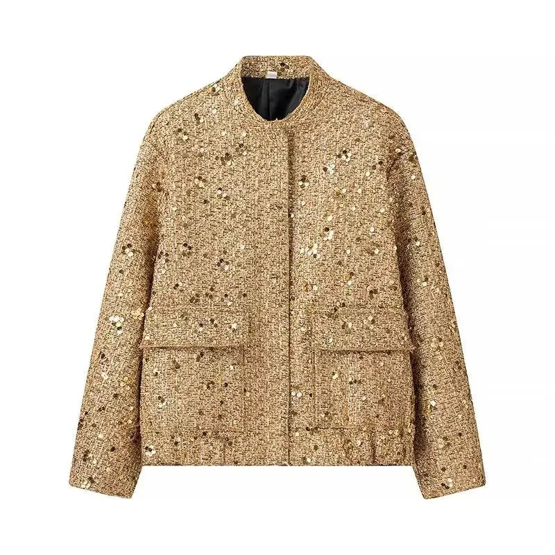 Advbridge Fashion Gold Sequins Bomber Jacket For Women 2025 Chic Stand Collar Long Sleeve Coat Female Winter Autumn Lady Street Outerwear