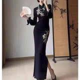Advbridge Autumn Winter Bodycon Velvet Dress Chinese Style Long Sleeve Stand Collar Embroidery High Split Party Dresses Female Vestidos